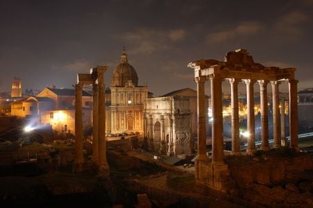 The Roman Forum at night.