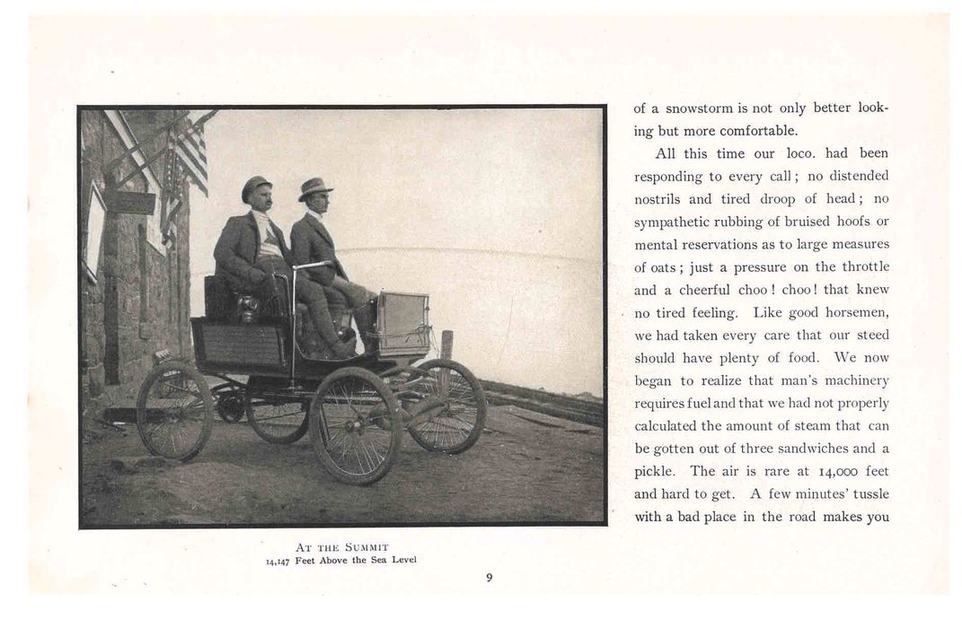 Trade catalog with photo of two men in locomobile at mountain summit.