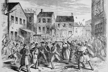 An illustration from Frank Leslie's Illustrated Newspaper that depicts soldiers raiding an illegal distillery in Brooklyn in 1869.