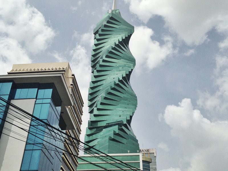 In awe of the F&F Tower locally known as "El Tornillo" in Panama City ...