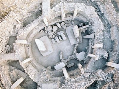 An aerial view of one of the circular enclosures at Göbekli Tepe in Turkey
