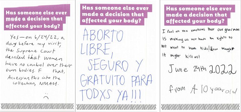 Three cards shared by visitors after the release of U.S. Supreme Court's decision in the case Dobbs v. Jackson. One person shared the message, "Aborto libre, seguro y gratuito para todxs ya!!!"