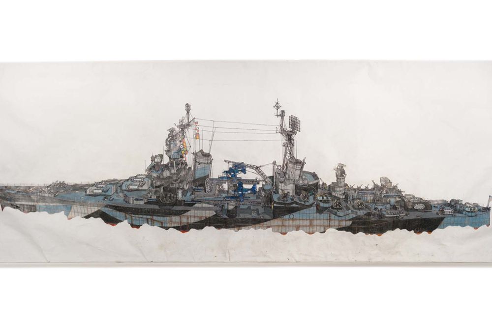 a large detailed painting of a battleship on white canvas