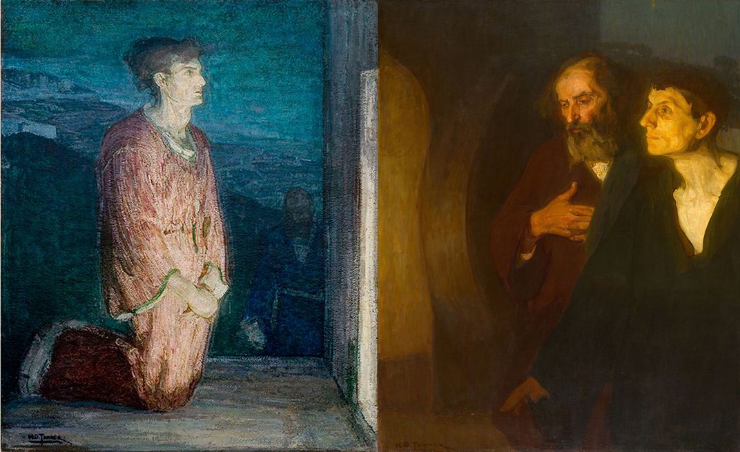 Two versions of Two Disciples at the Tomb by Henry Ossawa Tanner. Left courtesy of Michael Rosenfeld Gallery. Left: The Art Institute of Chicago CC0 Public Domain Designation
