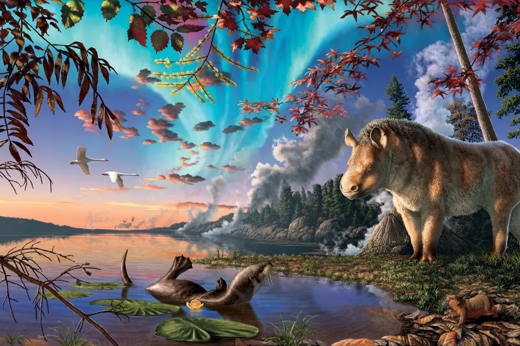 Illustration of a small rhino next to a lake