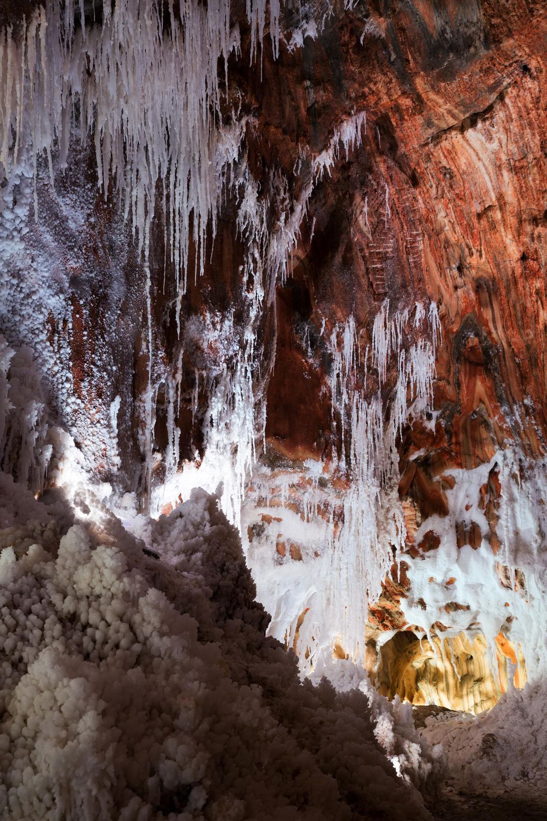 Cave with white salty stalactites
