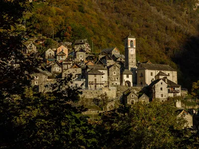 The tightly stacked dwellings of Corippo are so close together they appear two-dimensional.&nbsp;