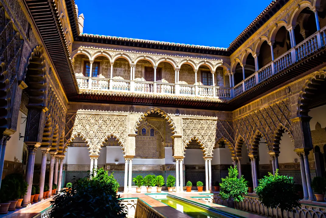 A courtyard in the Alcazar, or Royal Palace, in Seville
