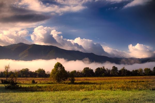 Mountains rise between clouds and fog at Cades Cove,  Great Smoky Mountains. thumbnail