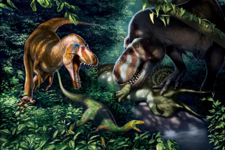 An artist's illustration of juvenile Tyrannosaurus rex, which were more fleet-footed than their adult counterparts