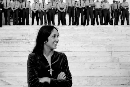 Joan Baez in front of Alabama State Capitol
