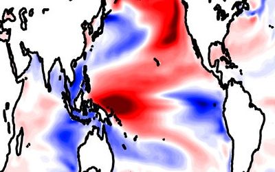 As part of the Pacific Centennial Oscillation pattern, ocean waters in certain areas become warmer and cooler as part of a century-long cycle. Red indicates warmer water; blue shows cooler.