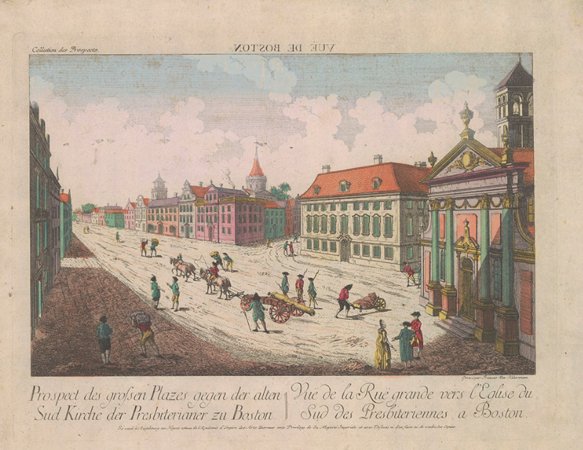 Vuë de la Ruë grande vers l'Eglise du Sud des Presbiteriennes a Boston. Augsbourg, 1778