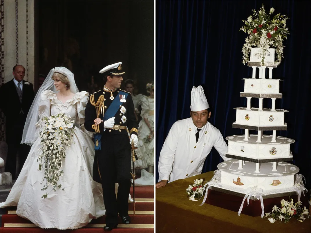 Left, Princess Diana in a puffy-sleeved wedding gown with a massive bouquet of flowers, with Prince Charles, just after getting married; right, head chef David Avery poses next to an enormous, multitiered white cake