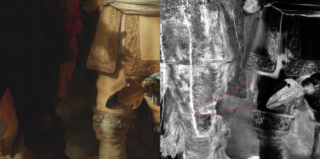 A side by side image of the painting, left, showing a man's thigh with the tip of a spear, and right, black and white imaging that shows the spear once extended much further