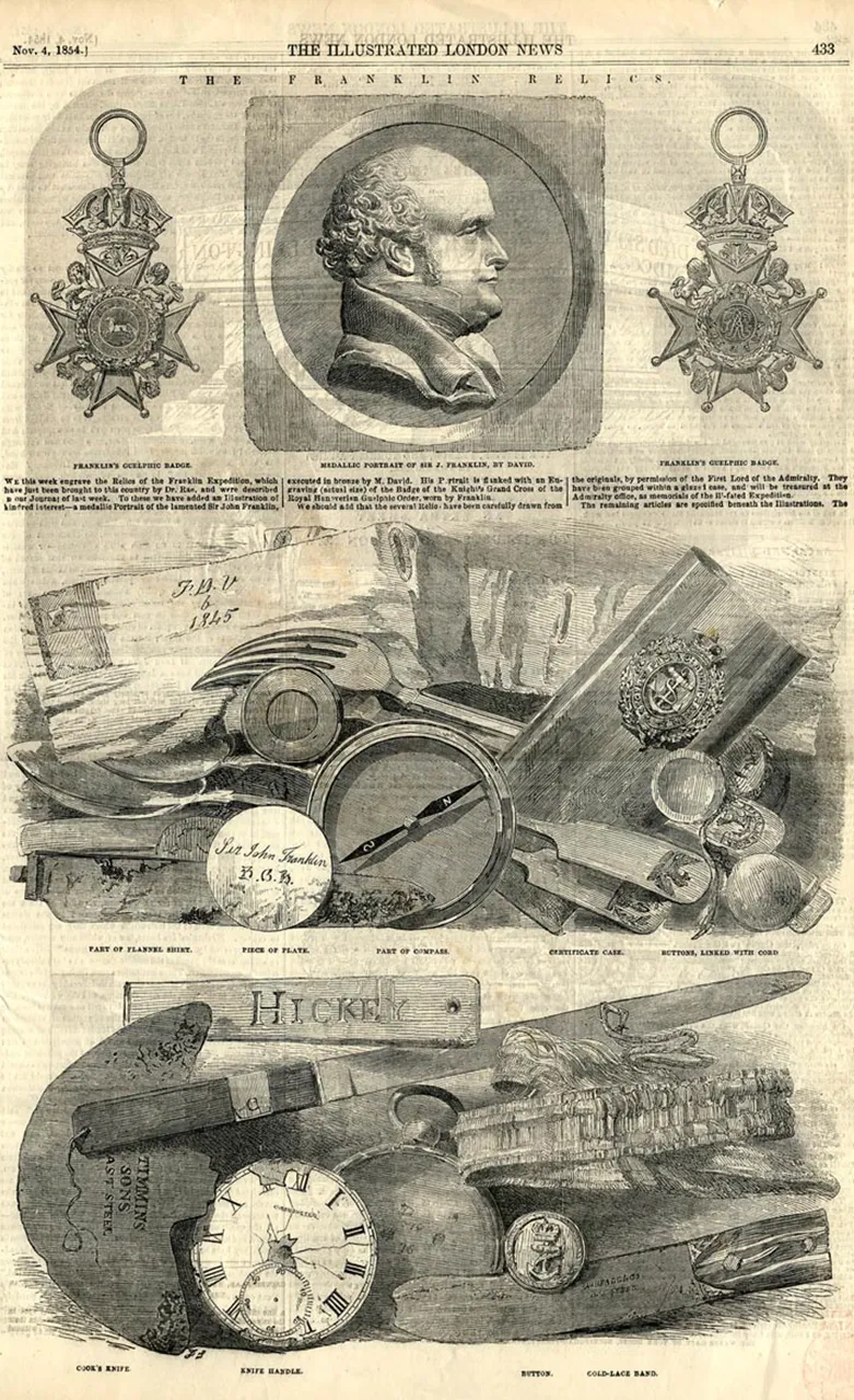 An illustration of Franklin artifacts recovered by Scottish explorer John Rae in 1854