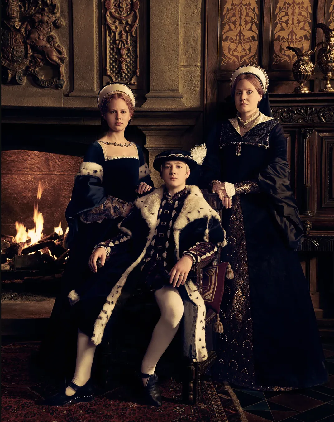 L to R: Alicia von Rittberg, Oliver Zetterström and Romola Garai as Elizabeth I, Edward VI and Mary I