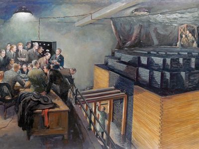 An illustration of Enrico Fermi and other scientists observing the first artificial nuclear reactor.