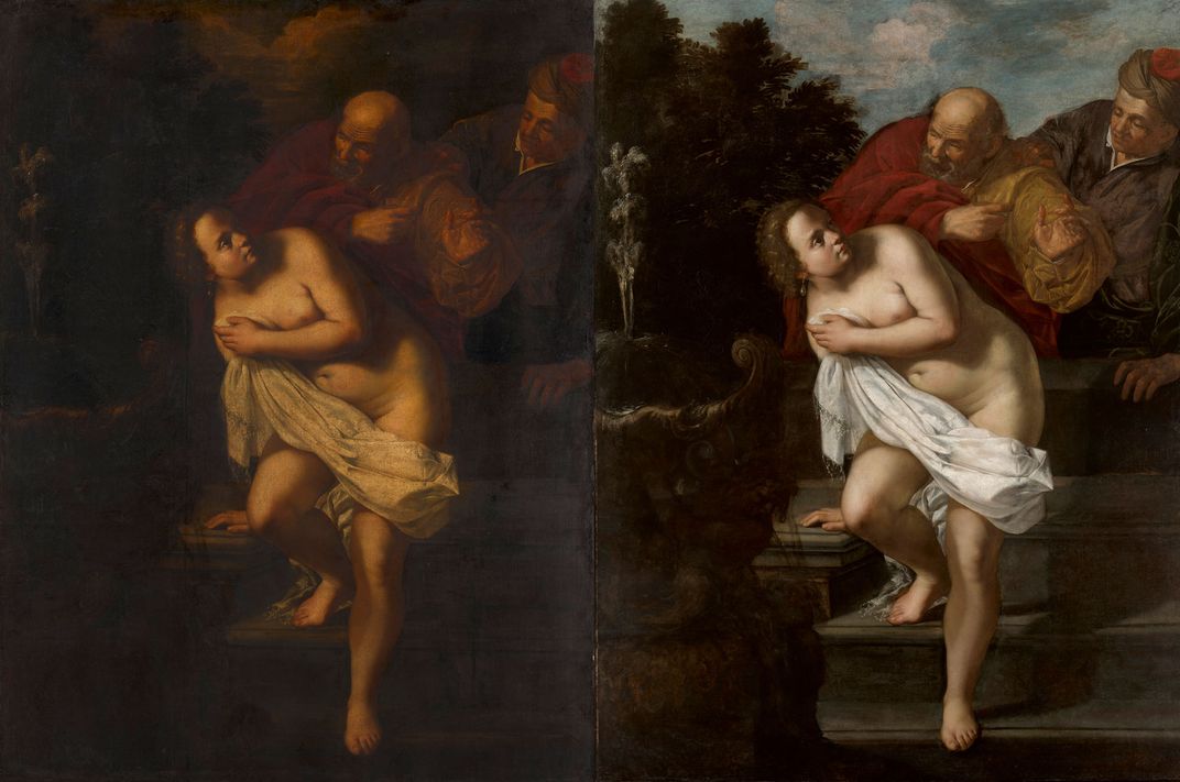 Susanna and the Elders, before (left) and after (right) conservation