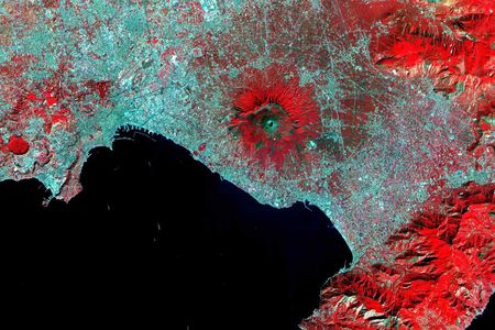 The Bay of Naples, with Mount Vesuvius in the center and the Campi Fleagri Caldera on the far left
