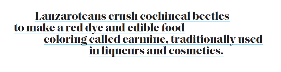 Lanzaroteans crush cochineal beetles to make red dye and edible food coloring called carmine, traditionally used in liqueurs and cosmetics