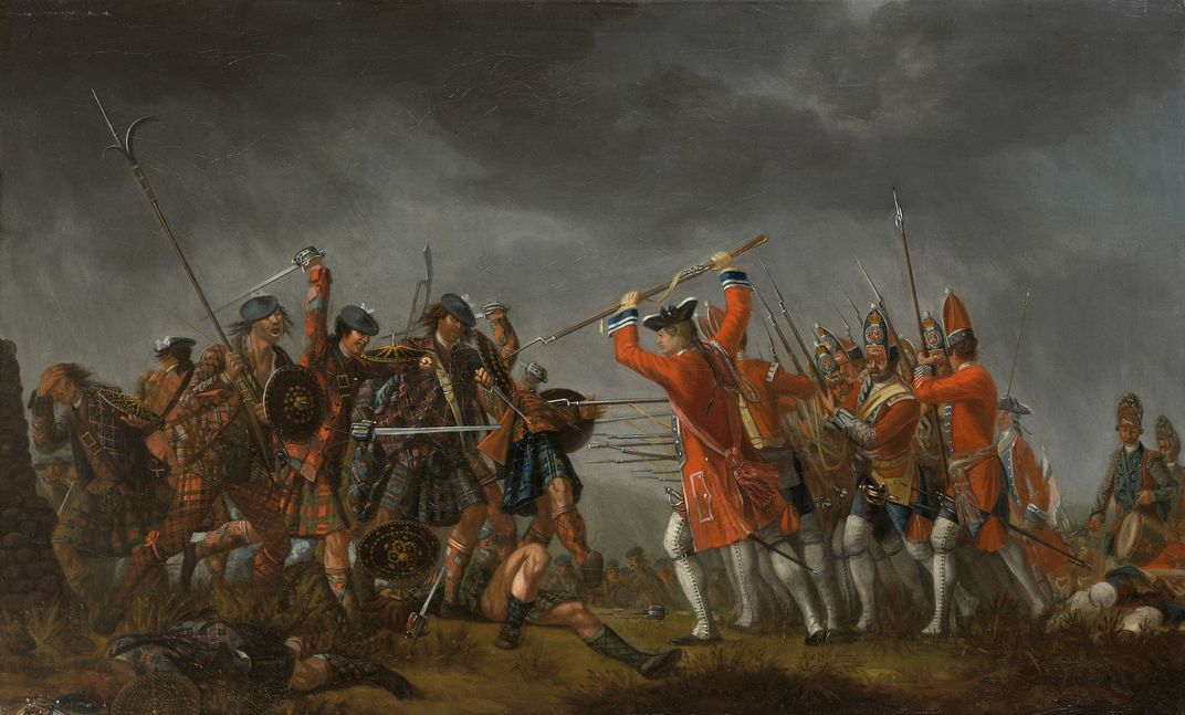A painting of the 1746 Battle of Culloden, featuring eight Highlanders clad in tartan