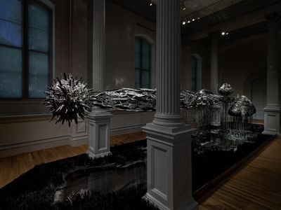 Lauren Fensterstock, The totality of time lusters the dusk, 2020, glass, Swarovski crystal, quartz, obsidian, onyx, hematite, paper, Plexiglas, wood, cement, lath, and mixed media, dimensions variable, (Courtesy Claire Oliver Gallery. Photo by Ron Blunt)