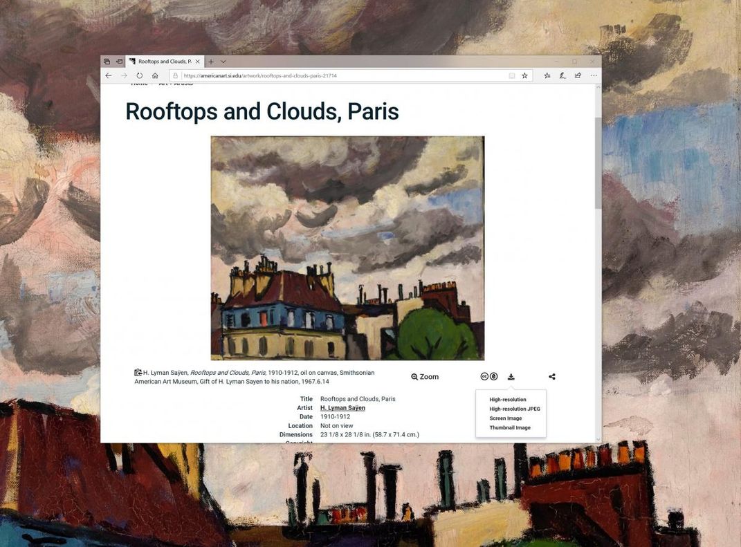 A painting with rooftops and clouds. 