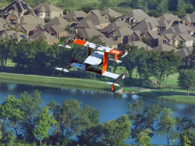 The Bell APT 70 drone flies above the Trinity River in Texas during a September 28 test flight. The drone takes off vertically, then transitions to flying like an airplane, which increases speed and range.