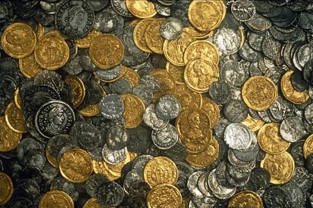 The gold and silver coins in the Hoxne hoard, found in Suffolk, date to the end of the Roman Empire in Britain at the start of the 5th century A.D.