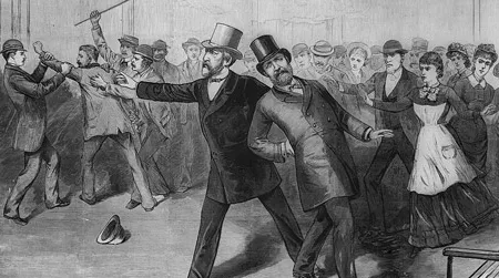 Artist rendition of Charles Guiteau's attack on President Garfield