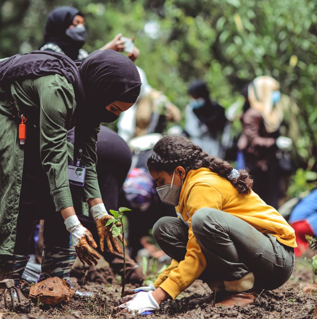 A woman in a hijab helps a young girl plant a tree.