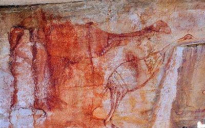 A pair of giant, extinct birds depicted on a rock in Australia could be the continent’s oldest work of art.
