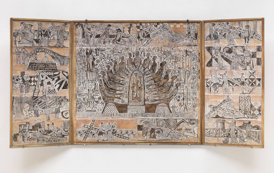 Three brown panels carved with black and white scenes