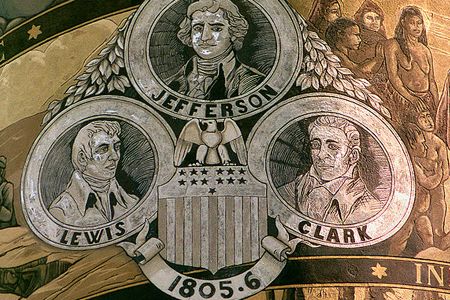 The Astoria Column serves as a memorial for the explorers Lewis and Clark with President Jefferson.