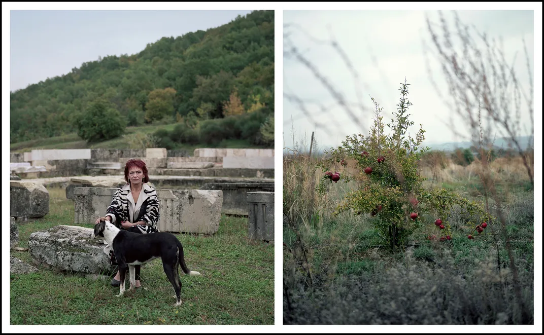 Left, archaeologist Angelika Kottaridi, with her rescue dog in the ruins of Philip’s vast complex, likes to underscore its magnificence: “The main peristyle of the palace is three times bigger than the Parthenon in Athens.” Right, much of Agai’s pomegrana