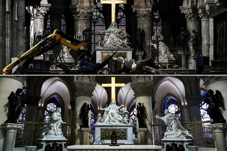 Top: Rubble inside Notre-Dame Cathedral in 2019. Bottom: The cathedral's renovated interior (including the tabernacle designed by French artist Guillaume Bardet)&nbsp;in 2024