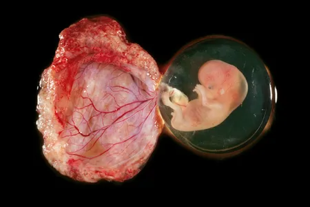 An eight-week old human fetus attached to its placenta