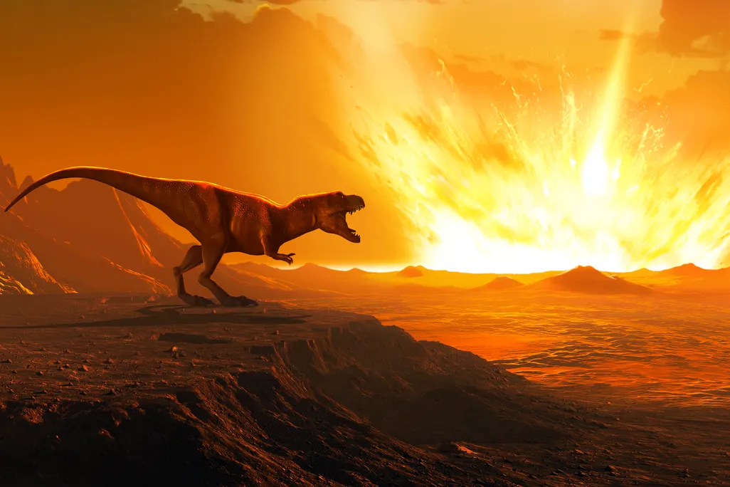 An illustration of a T. rex watching as an asteroid hits Earth