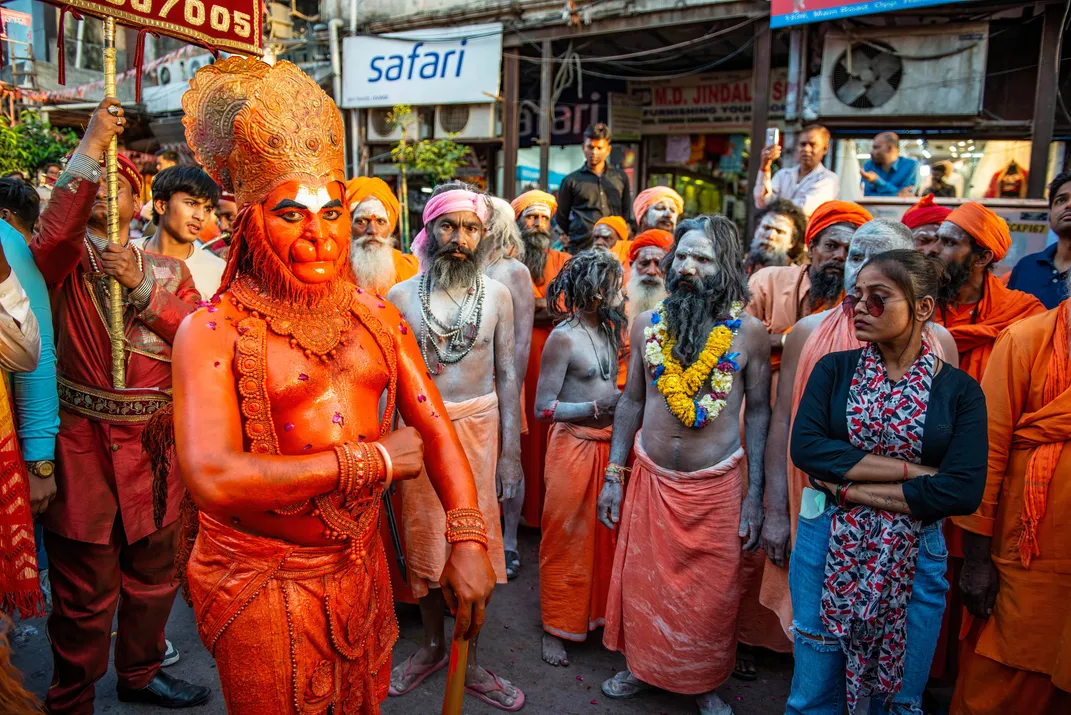 A person dressed as Hanuman during the Hanuman Jayanti festival in New Delhi in 2023