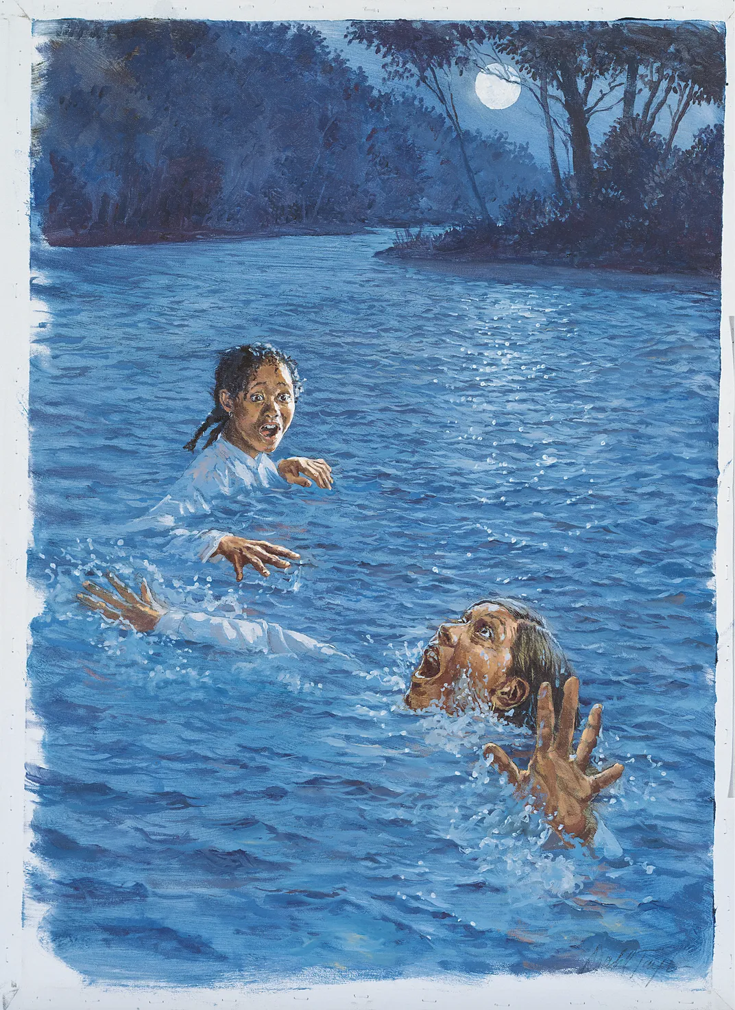 Illustration from "Meet Addy" showing Addy's mother struggling to swim as the pair cross a river during their escape from slavery