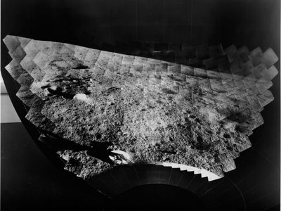 Mosaic of surface images taken by Surveyor 1, pasted onto the inside of a hollow sphere to preserve the view geometry of the camera. Regolith soil and rocks are clearly visible.