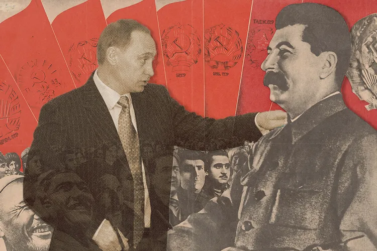 Illustration of Vladimir Putin putting his hand on Joseph Stalin's shoulder