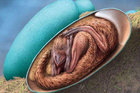 An artist’s reconstruction of a baby oviraptorid curled up inside its egg
