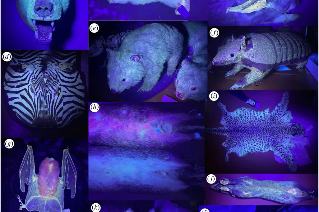 Mammal taxidermy glowing under UV light