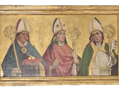 The front of the newly returned altar panel features St. Nicholas of Bari, St. James of Tarentaise and St. Germanus of Paris.