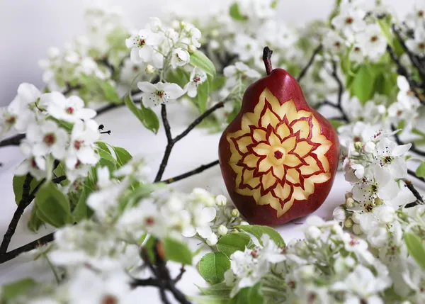 Red pear with blossoms thumbnail