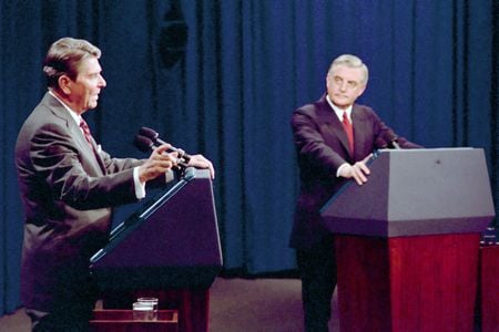 After Ronald Reagan stumbled through his answers and closing statement at the first presidential debate in 1984, Walter Mondale closed the gap in the polls. This photo was taken at the second debate two weeks later.
