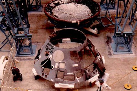 The charred and disassembled Apollo 1 spacecraft, weeks after the accident.