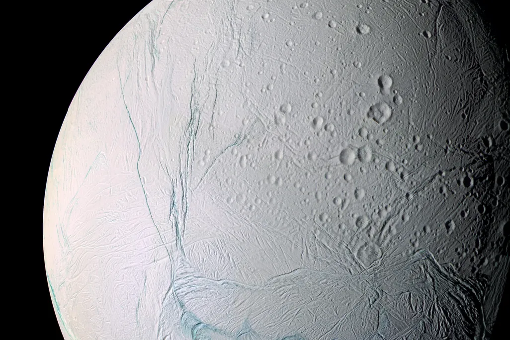 Saturn's moon Enceladus, with its white icy surface